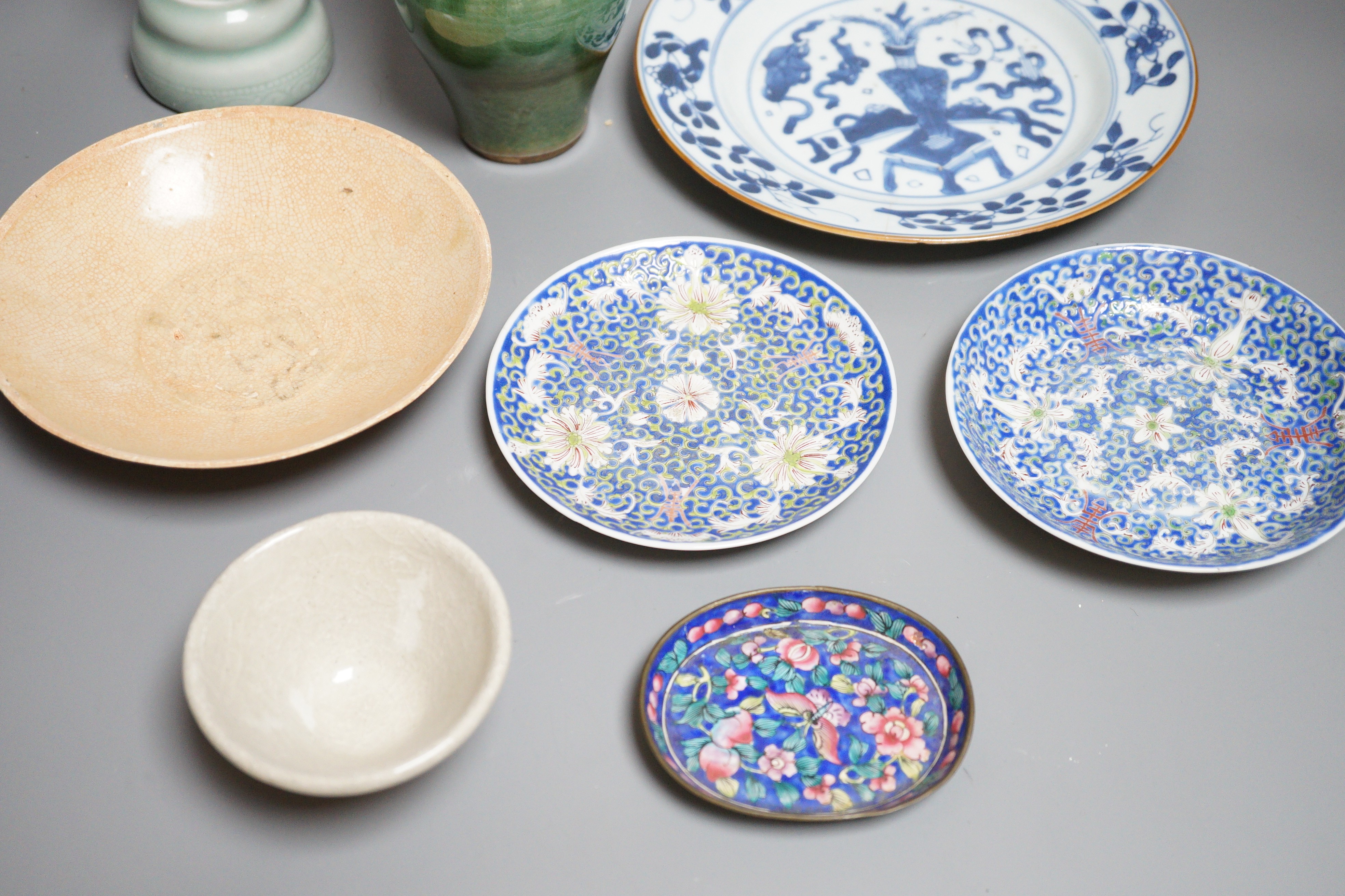 An 18th century Chinese blue and white dish together with other Chinese ceramics, dish diameter 22cm